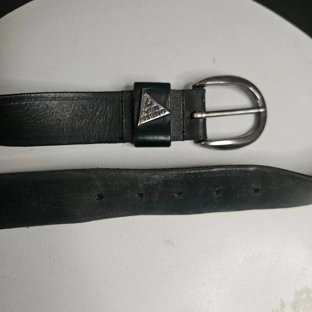 Vintage Guess USA Black Genuine Leather Belt with Triangle Logo Silver Buckle L